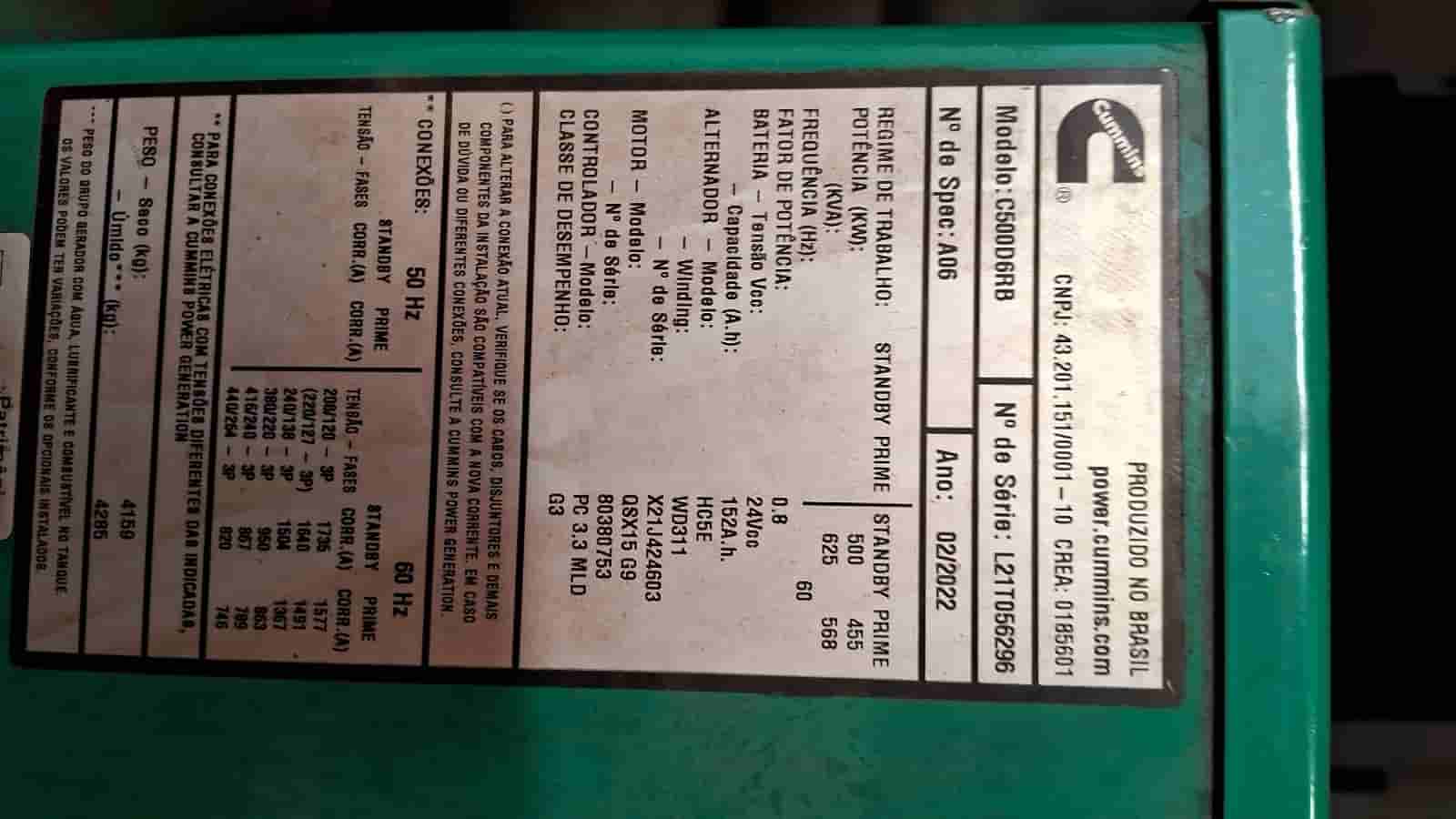 GERADOR CUMMINS C500 2021