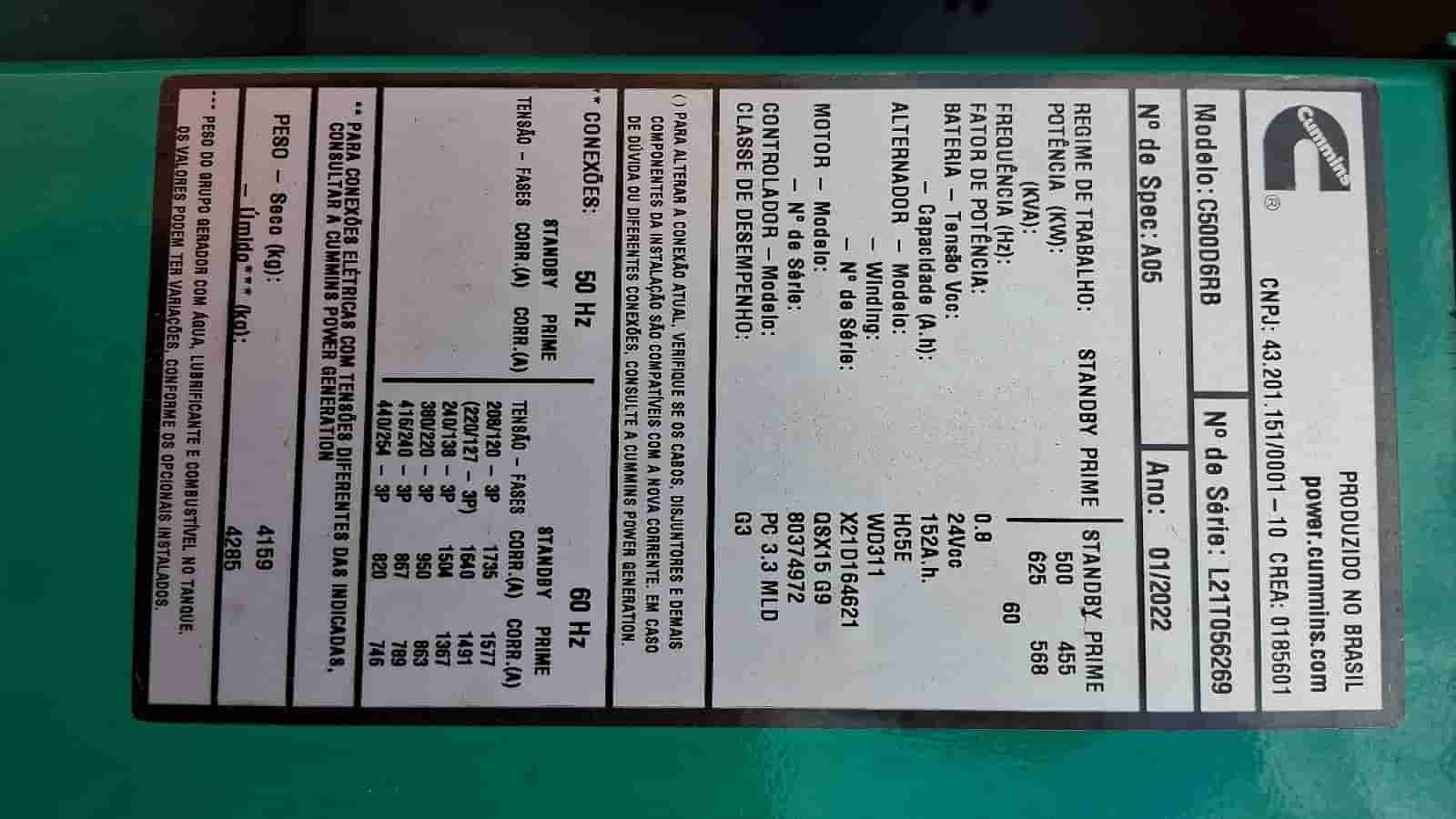 GERADOR CUMMINS C500 2021