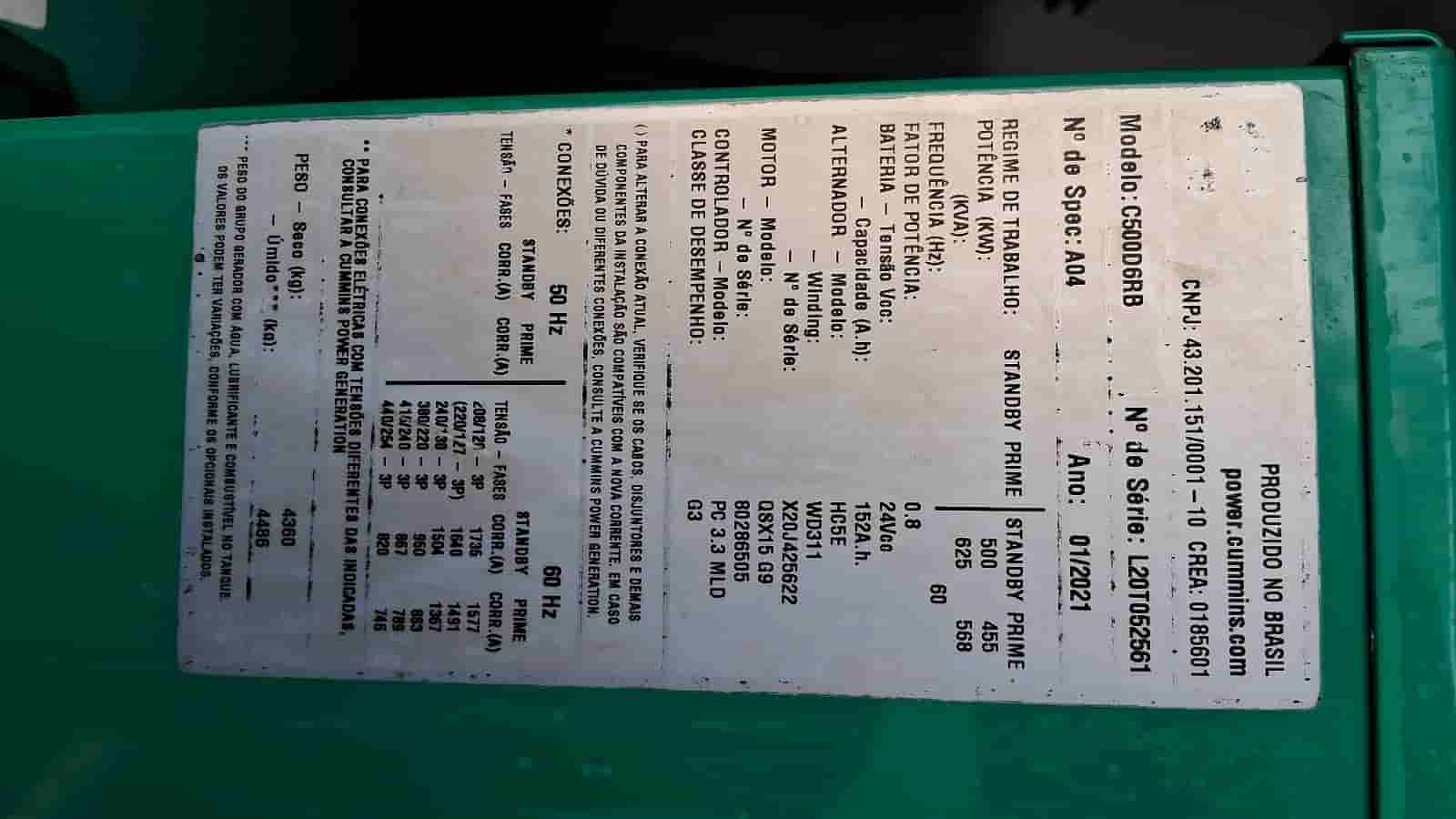 GERADOR CUMMINS C500 2020