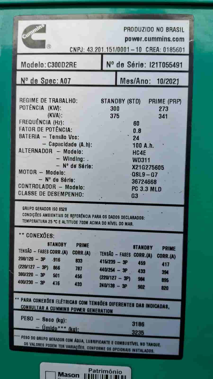 GERADOR CUMMINS C300 2021
